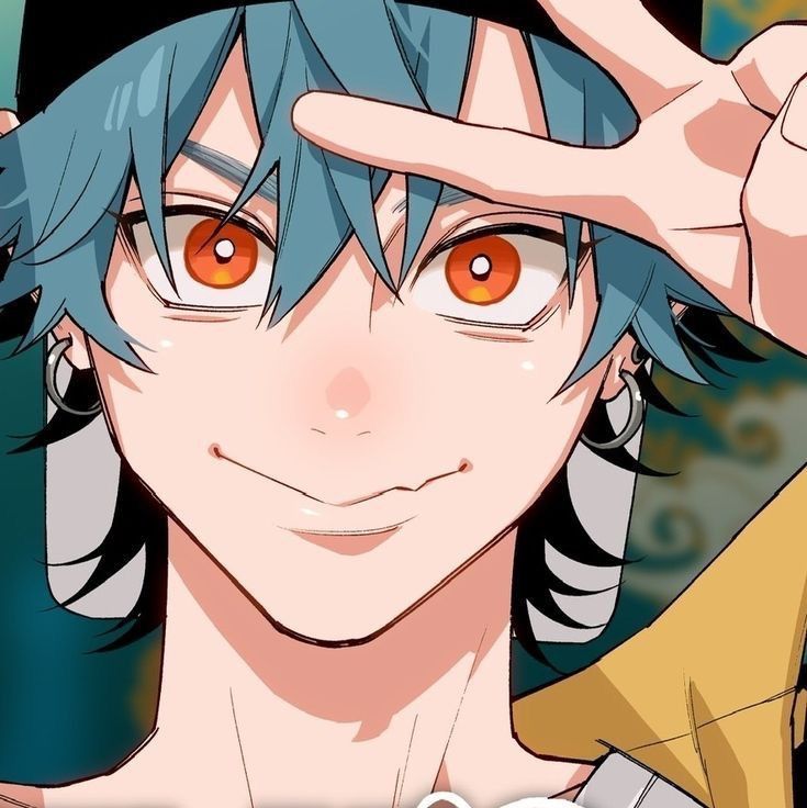 an anime character with blue hair and orange eyes is making the peace sign while holding his hand up in front of his face