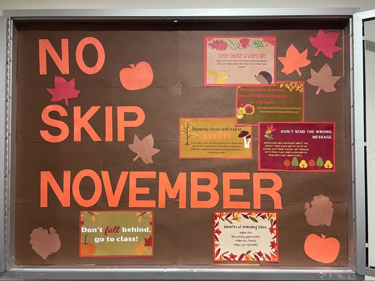 a bulletin board that has been decorated with fall leaves and other things to say on it