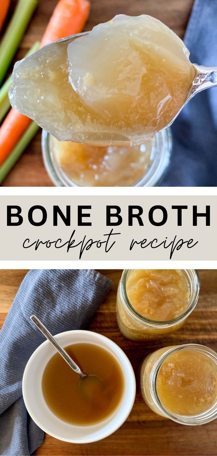 bone broth crockpot recipe with carrots and celery in the background