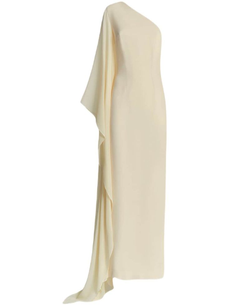 ivory white crepe texture draped detailing asymmetric design asymmetric neck one-shoulder concealed side zip fastening single long sleeve fitted waistline floor-length straight hem Ethereal Elegance, Luxury Draped Chic Maxi Dress, Luxury Draped Sleeves Maxi Dress, Luxury Cream Pre-draped Dress, Luxury Cream Draped Dress, Luxury Off-shoulder Pre-draped Maxi Dress, Dressy Hats, Drape Maxi Dress, Wardrobe Edit