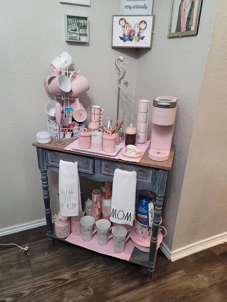 a small table with pink items on it