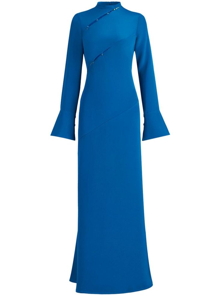 royal blue silk cut-out detailing decorative button detailing bias cut mock neck concealed rear zip fastening long sleeves flared cuffs fitted waistline mid-length straight hem Formal Long Sleeve Midi Dress With Side Slits, Chic Blue Long Sleeve Dress For Formal Occasions, Chic Blue Long Sleeve Formal Dress, Elegant Blue Evening Dress With Side Slits, Formal Fitted Blue Long Sleeve Dress, Blue Fitted Long Sleeve Dress For Formal Occasions, Blue Fitted Long Sleeve Formal Dress, Elegant Fitted Blue Long Sleeve Dress, Blue Long Sleeve Evening Dress