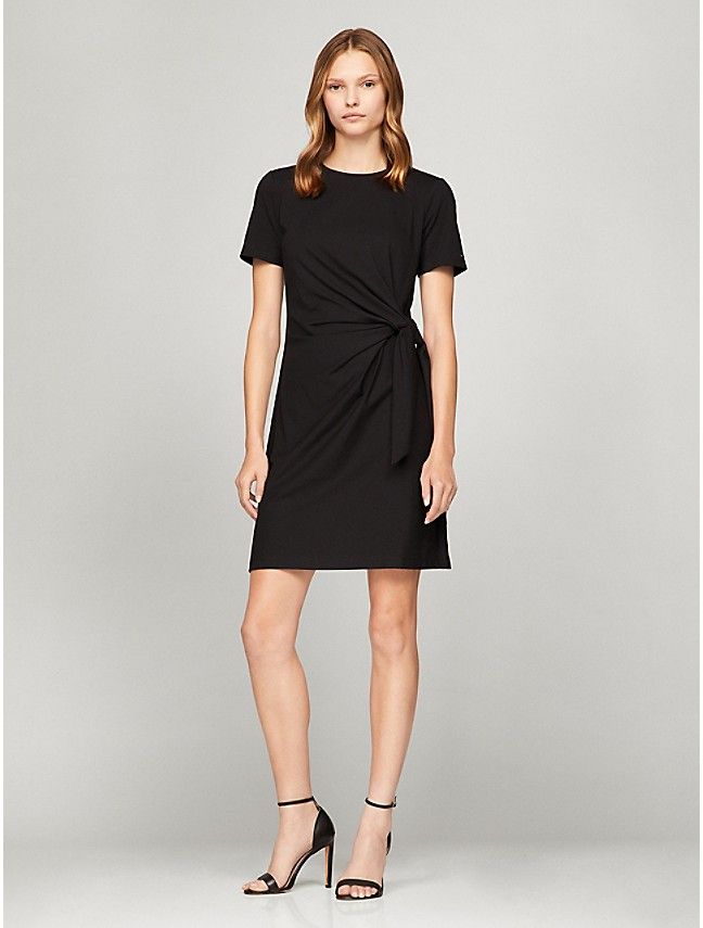 Short-Sleeve Knotted Stretch Dress | Tommy Hilfiger USA Fitted Cotton Mini Dress With Tie Waist, Knee-length Cotton Short Sleeve Dress, Chic Short Sleeve Dress With Tie Fastening, Chic Dress With Tie Fastening And Short Sleeves, Chic Cotton T-shirt Dress, Tommy Hilfiger Summer Mini Dress, Fall Midi Dress With Tie Waist And Short Sleeve, Tommy Hilfiger Knee-length Workwear Dress, Tommy Hilfiger Knee-length Mini Dress For Work