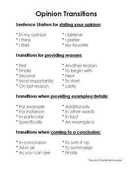 an image of opinion transitions for students to use in their own writing workbook