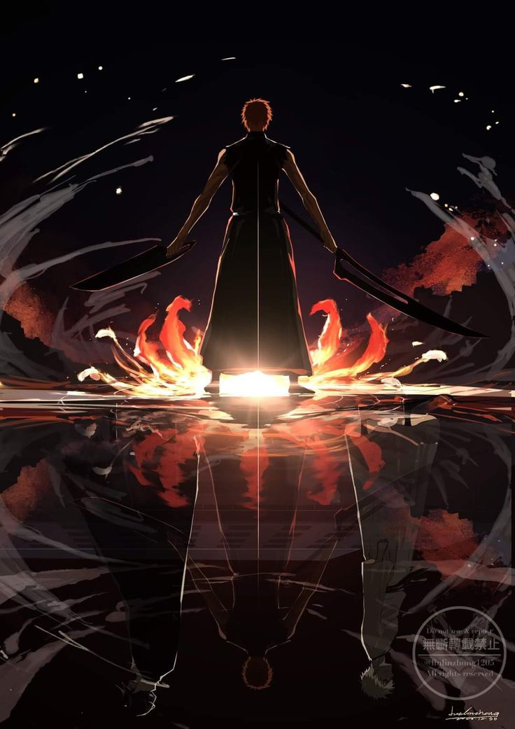 an anime character standing in the middle of water with flames coming out of his body