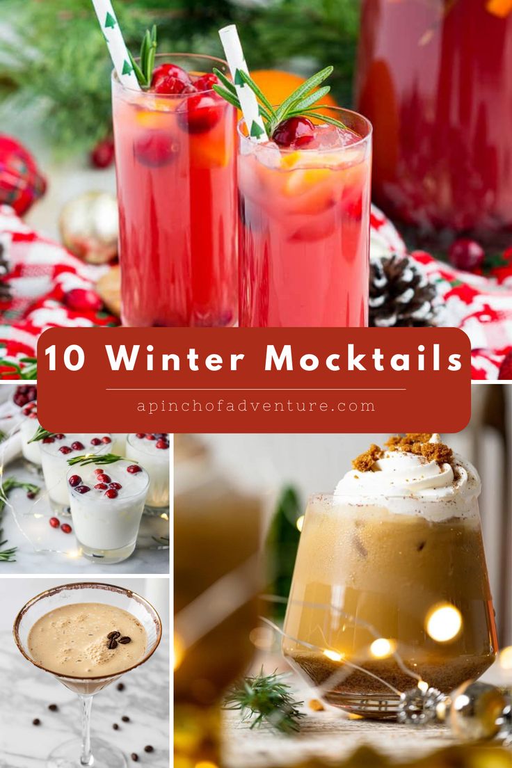 winter cocktails with text overlay that reads, 10 winter mocktails