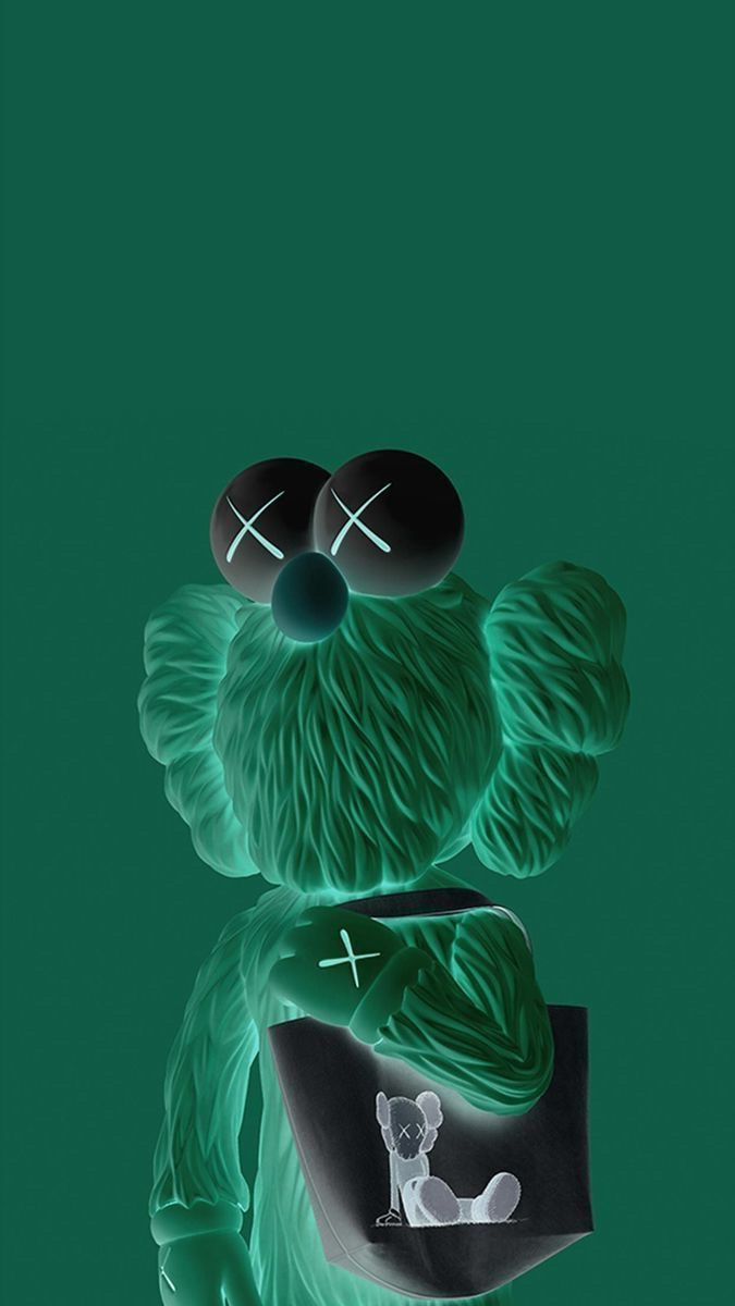 a green teddy bear with two black balls on it's head and one is wearing sunglasses