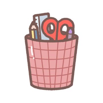 a pink basket filled with school supplies on top of a white background