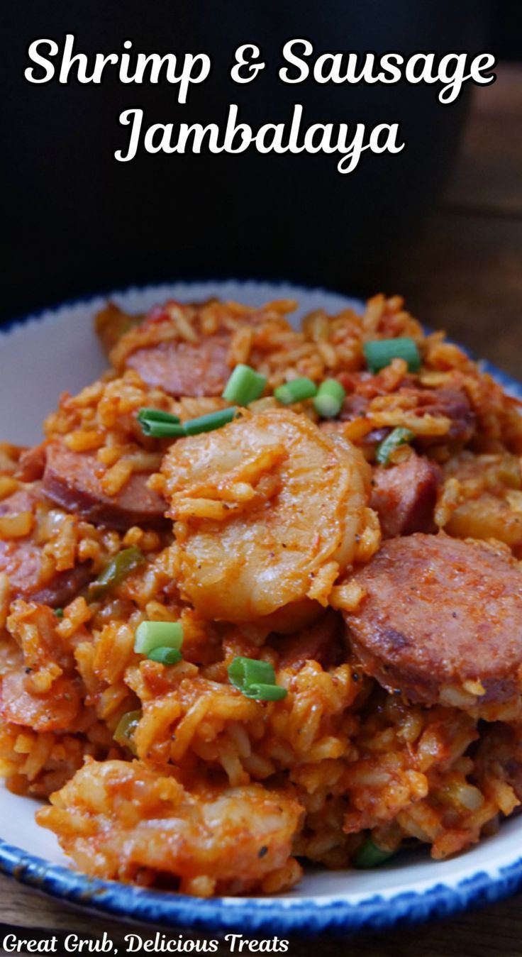 A bowl full of jambalaya with shrimp and slices of sausage. Sausage And Shrimp Jambalaya, Chili Recipe Beef, Beans Chili Recipe, Shrimp Jambalaya Recipe, Recipe With Beans, Cheesecake Chimichangas, Shrimp And Sausage Jambalaya, Strawberry Cheesecake Chimichangas, Soup With Beans