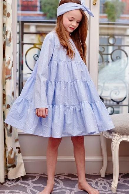 Girl's Summer Dress #kidsfashionideas #kidsclothing #kidsclothingideas #girlsdressyclothing #girlsfashion #girlsfashion #girlsclothing Chic Blue Cotton Dress, Blue Mini Length Spring Dresses, Chic Blue Long Sleeve Dress For Spring, Blue Long Sleeve Midi Dress For Spring, Light Blue Summer Dress With Ruffle Hem, Blue Ruffled Dress For Day Out, Blue Mini Long Sleeve Dress For Spring, Light Blue Mini Dress For Dress Down Occasions, Light Blue Mini Dress For Spring