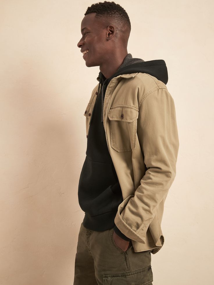 Organic Double-Knit Sweater Hoodie | Banana Republic Cotton Hoodie For Outdoor, Cotton Long Sleeve Hoodie For Outdoor, Outdoor Long Sleeve Cotton Hoodie, Cotton Hooded Jacket With Cozy Fit And Ribbed Cuffs, Cozy Cotton Hooded Jacket With Ribbed Cuffs, Casual Hooded Jacket With Double-lined Hood For Cold Weather, Winter Khaki Hoodie With Relaxed Fit, Khaki Cotton Sweatshirt With Kangaroo Pocket, Khaki Cotton Hoodie Outerwear