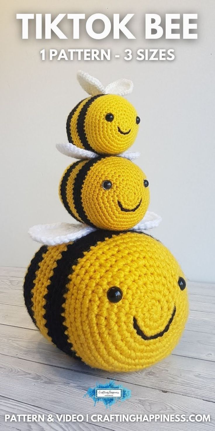 two crocheted bees sitting on top of each other with the text tiktok bee pattern 3 sizes