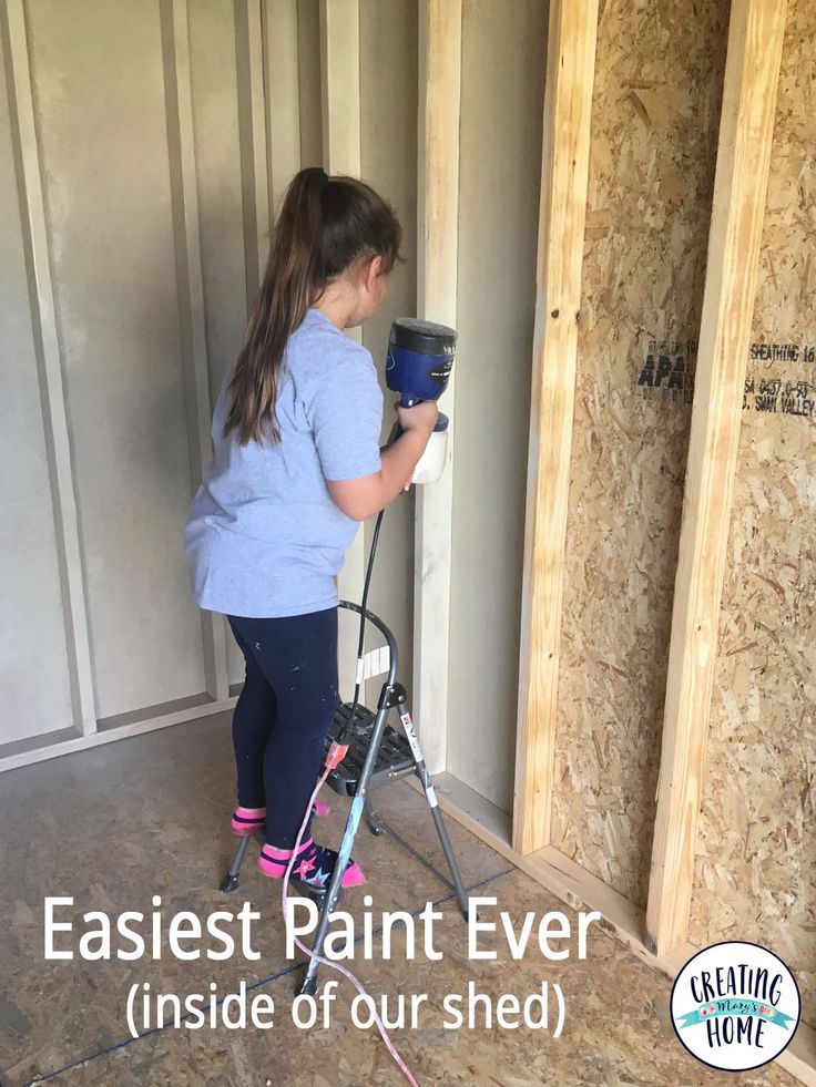 Easiest Painting EVER (inside of our shed) - creatingmaryshome.com  #painting #paintingtips #paintingtechniques #diy #storage #storageshed #kids Inside Shed Ideas Storage, Outdoor Shed Colors, Inside Shed Ideas, Shed Paint Colors, Easiest Painting, Shed Paint Colours, Outside Storage Shed, Outside Sheds, Blue Shed