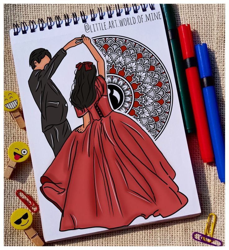 an adult coloring book with a drawing of a man and woman in red dress dancing