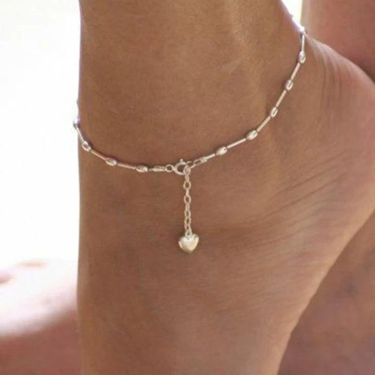 Silver Heart Shape Metal Chain Anklet -Ankle Bracelet Trendy Adjustable Heart-shaped Anklets, Silver Heart Anklets For Party, Adjustable Heart Metal Anklets, Adjustable Heart-shaped Metal Anklet, Adjustable Heart-shaped Dainty Anklets, Trendy Adjustable Heart Anklets, Elegant Adjustable Anklets With Heart Charm, Heart-shaped Metal Anklets For Gift, Heart-shaped Metal Anklets As Gift