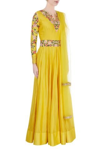 Shop for Neha Khullar Yellow Embroidered Anarkali Set for Women Online at Aza Fashions Yellow Floor, Floor Length Anarkali, Embroidered Anarkali, Net Dupatta, Anarkali Dress, Set For Women, Anarkali, Aza Fashion, Floral Embroidery