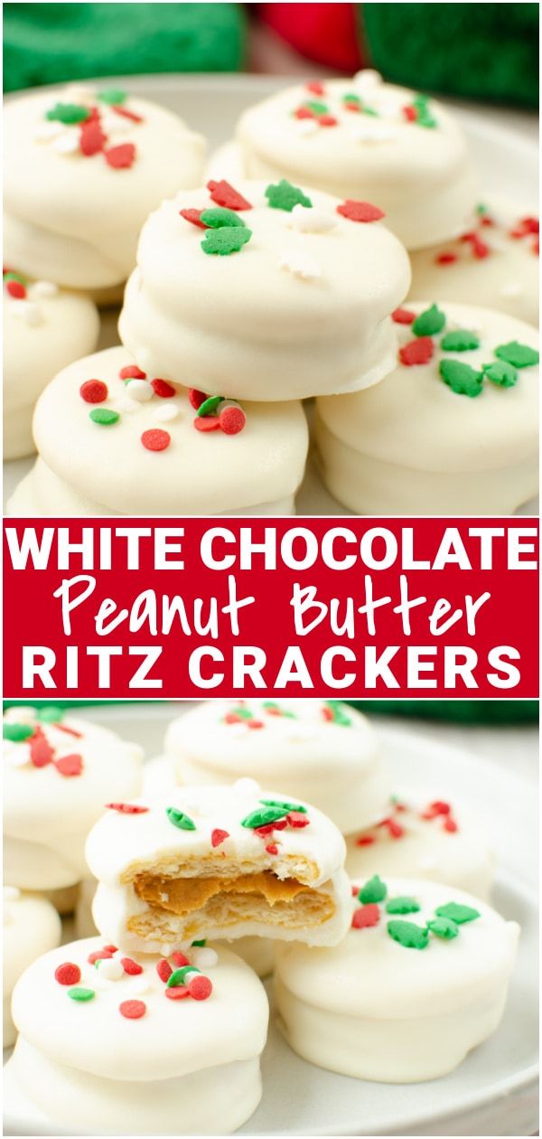 white chocolate peanut butter riz crackers with red and green sprinkles