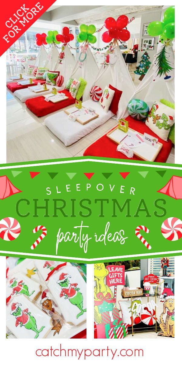 a collage of christmas party ideas with the words sleepover christmas party ideas