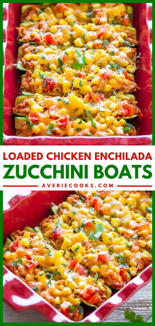 loaded chicken enchilada zucchini boats in a red casserole dish