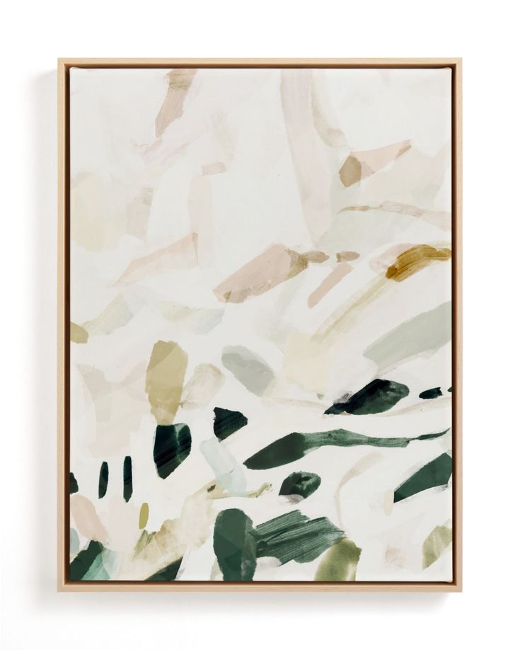 an abstract painting hanging on the wall above a white wall with a brown framed frame