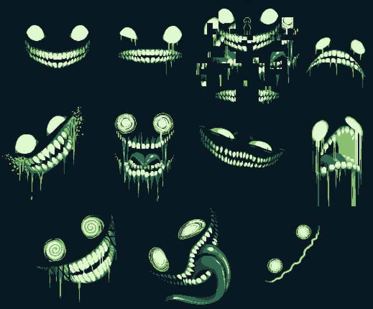 an image of scary faces and eyes in neon green paint on a black background with white swirls