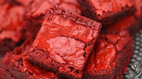 red velvet brownies are piled on top of each other