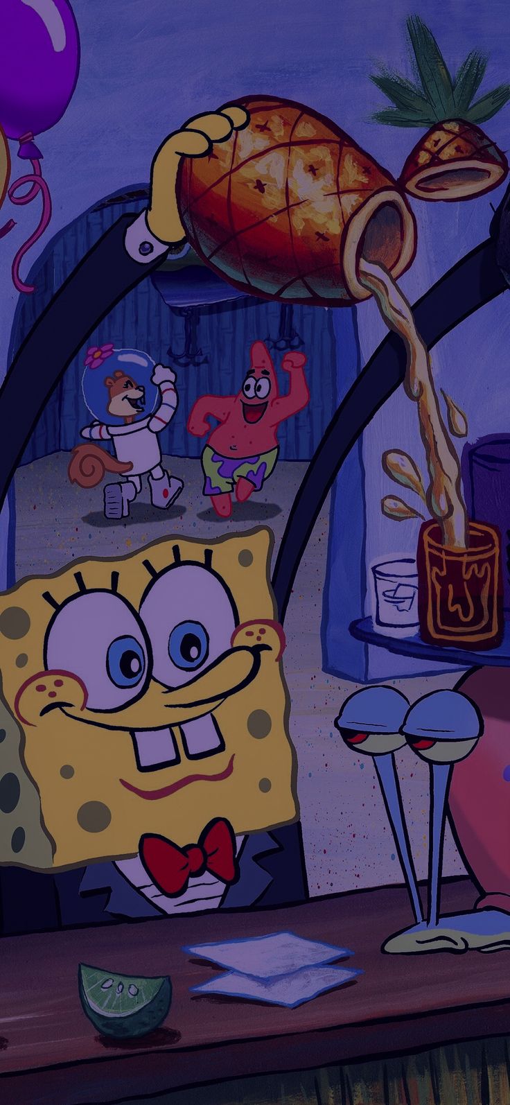 the spongebob cartoon is getting ready to blow out his birthday candles and balloons