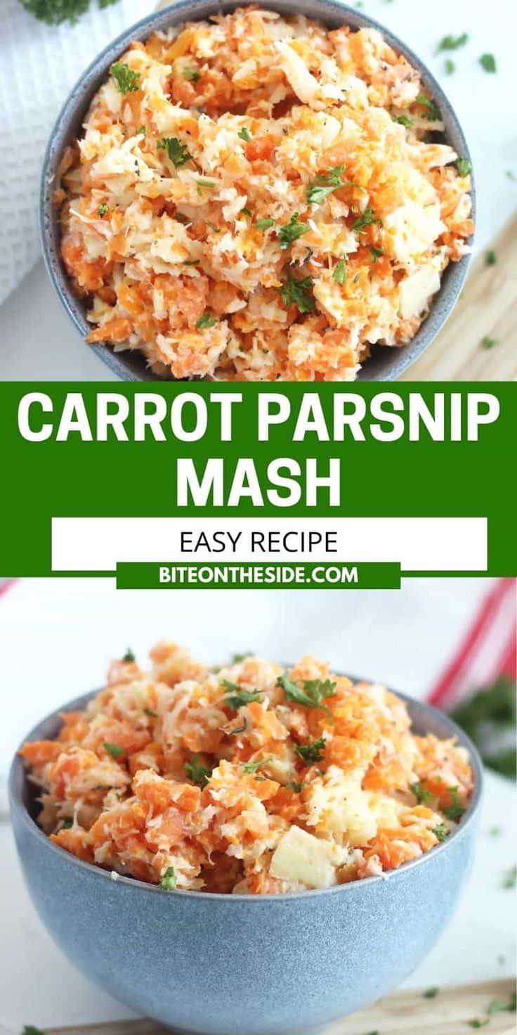 carrot parsnip mash in a blue bowl