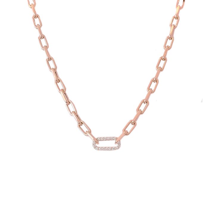 "This Italian handcrafted chain link necklace is completely composed of 14K solid gold and is uniquely made with a semi-hollow interior for comfortable everyday wear that will not dent . The chain is centered with a slightly larger link and is pavé set on both sides with genuine GVs1 quality natural real Diamonds. NOTE: This item is available in longer or shorter length options. Kindly send us a \"Custom Order\" request for pricing and details. ♦ Total Length: available in your choice of 14, 16, Rose Gold Paperclip Chain Necklace, Rose Gold Chain Necklace With Oval Links, Rose Gold Oval Link Necklace With Gold Chain, Rose Gold Oval Link Chain Necklace As Gift, Rose Gold Link Chain Necklace, Rose Gold Chain Necklace With Rectangular Links, Rose Gold Oval Link Chain Necklace, Everyday Rose Gold Oval Link Chain Necklace, Rose Gold Cable Chain Necklace With Rectangular Links