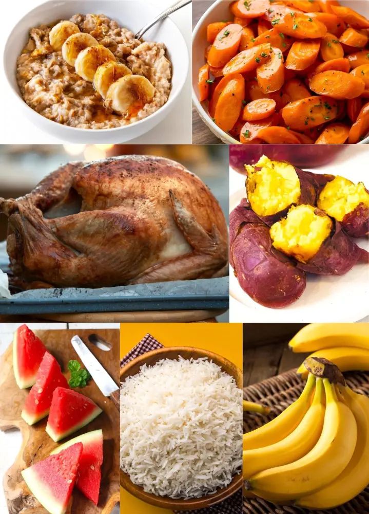 there are many different types of food in this photo collage, including rice, watermelon, banana, and other foods