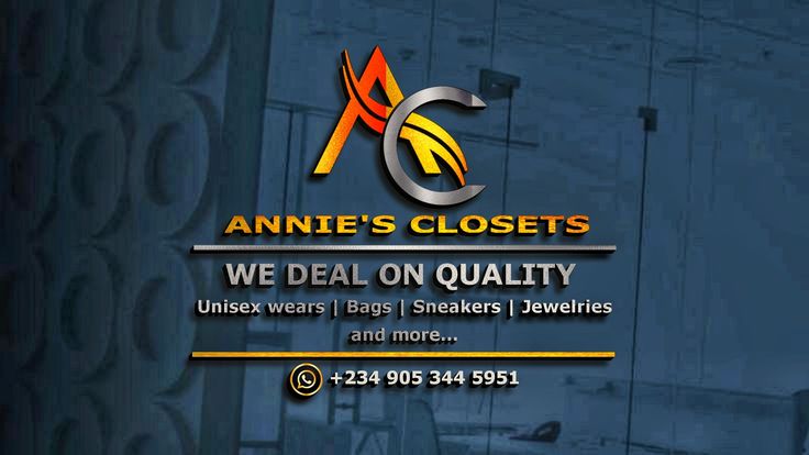 the logo for annie's closets is shown in yellow and blue colors on a dark background