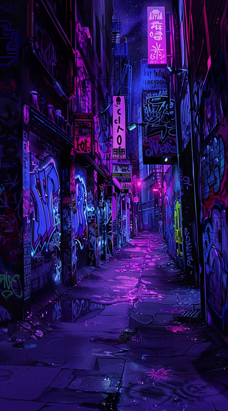 an alleyway with graffiti all over it and neon signs on the buildings at night