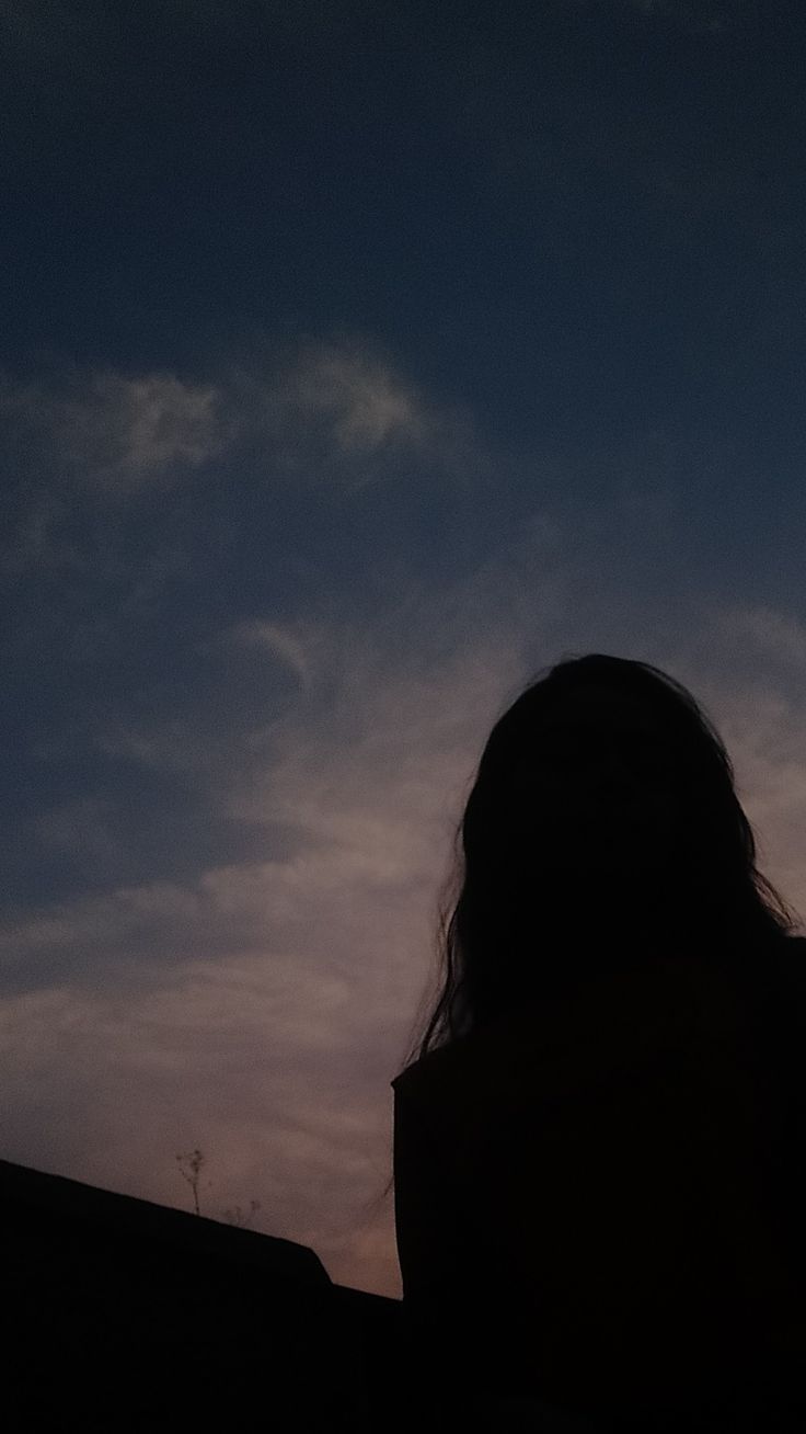 the silhouette of a woman with her hair blowing in the wind, against a purple and blue sky