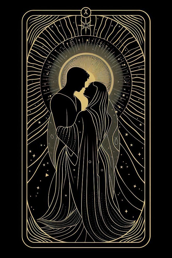 an image of a man and woman embracing in front of the sun with stars on it