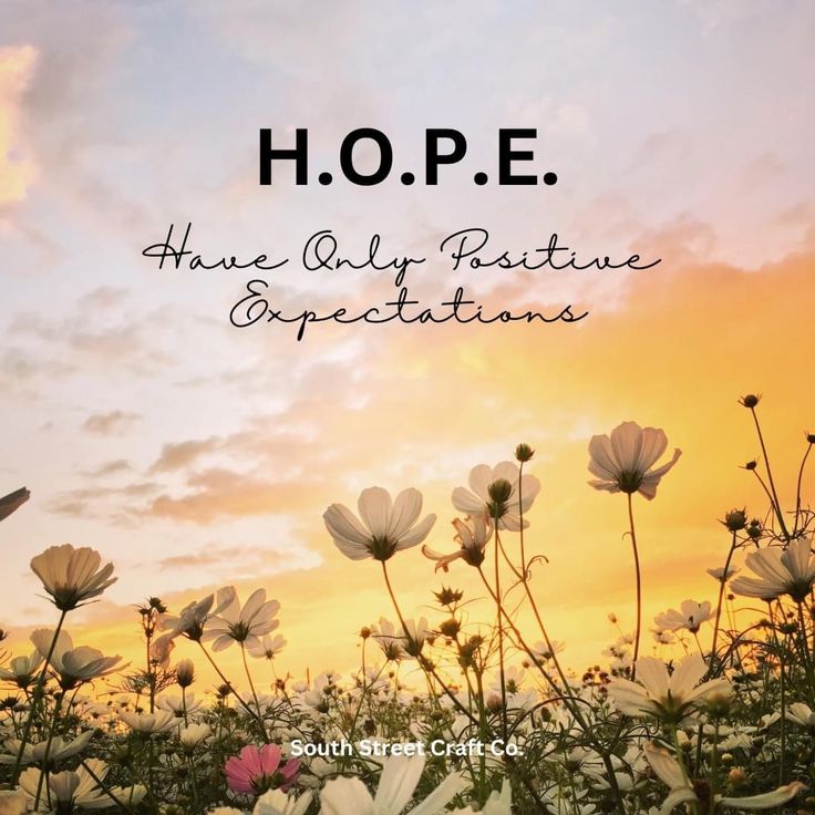 a field full of flowers with the words hope above it and an orange sky in the background