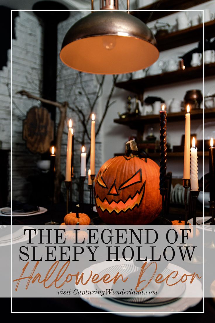 the legend of sleepy hollow halloween decor with candles, pumpkins and other holiday decorations