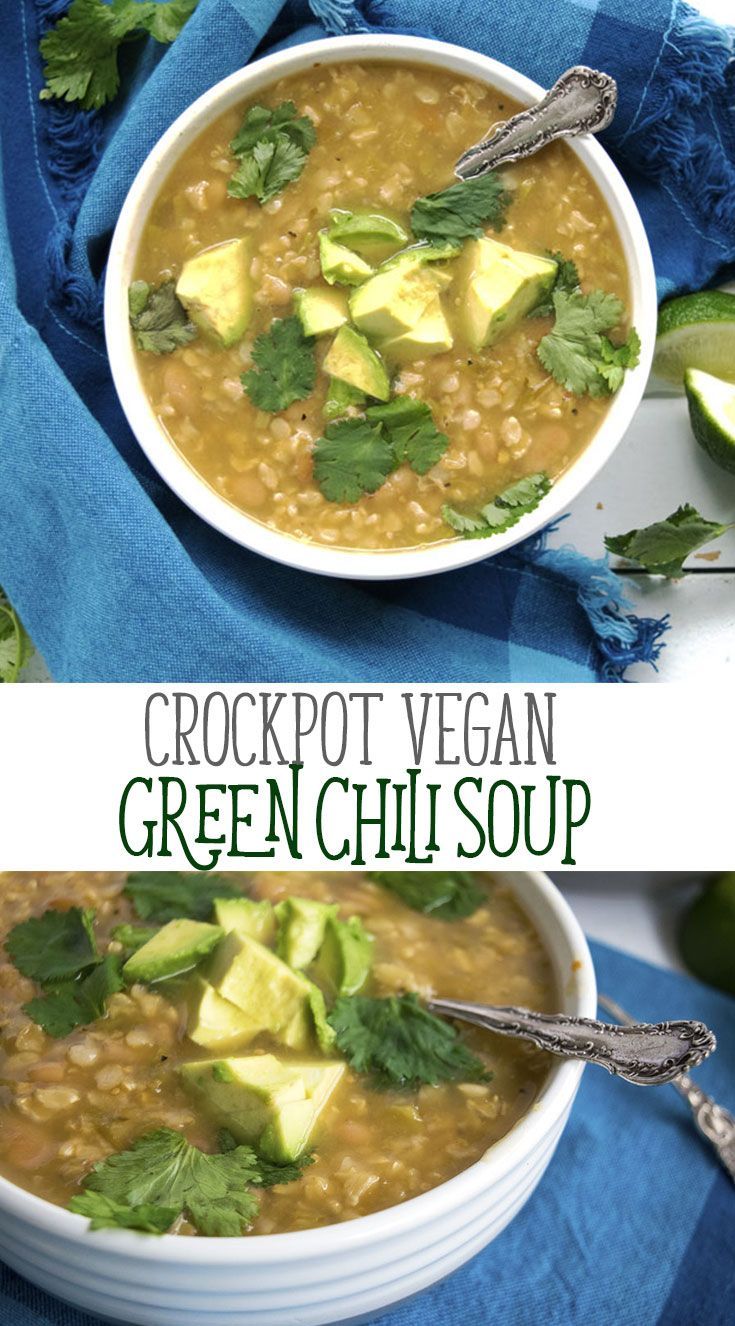 two bowls of green chili soup with avocado and cilantro on the side