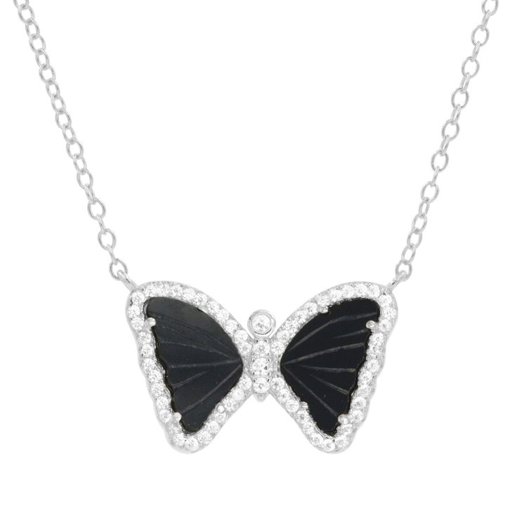 This Mini Butterfly Necklace in Black Onyx has hand-carved genuine black onyx butterfly wings set in gold-plated 925 sterling silver. Black butterflies are seen as symbols of positive change and new beginnings. Black onyx wings surrounded with crystals Gold-plated, 926 sterling silver Adjustable slider chain up to 18" Dimensions: 18x12mm Black Butterflies, Mini Butterfly, How To Clean Silver, Cleaning Silver Jewelry, Professional Jewelry, Black Butterfly, Butterfly Necklace, Positive Change, Butterfly Wings