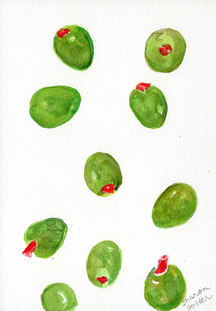 watercolor painting of green olives on white paper with red dots in the middle