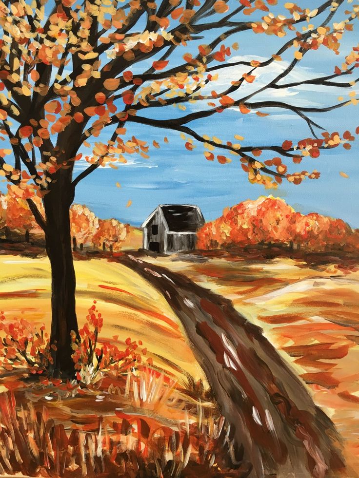 an oil painting of a tree and a house in the fall with leaves on it