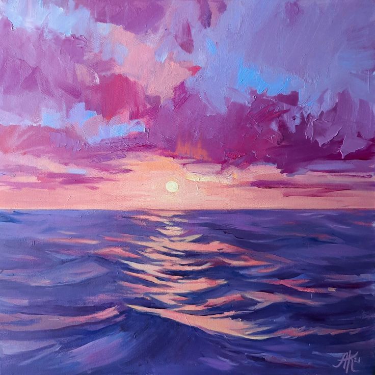 an oil painting of a sunset over the ocean with purple and pink clouds in the sky