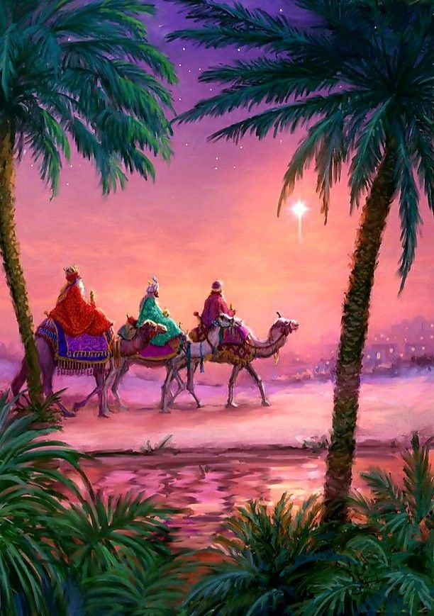 three people riding on camels in the desert at night with palm trees and bright pink sky