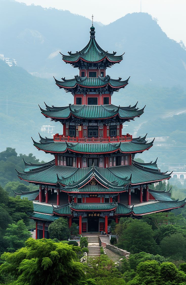 Ethereal scene featuring a red pagoda rising amidst verdant greenery and reflected in the still waters of a serene pond, a picturesque representation of tranquility in a traditional Eastern garden. Chinese House Design, Monte Fuji, Japanese Style House, Japan Tattoo Design, Japan Architecture, Chinese Aesthetic, Space Phone Wallpaper, Asian Architecture, Japon Illustration