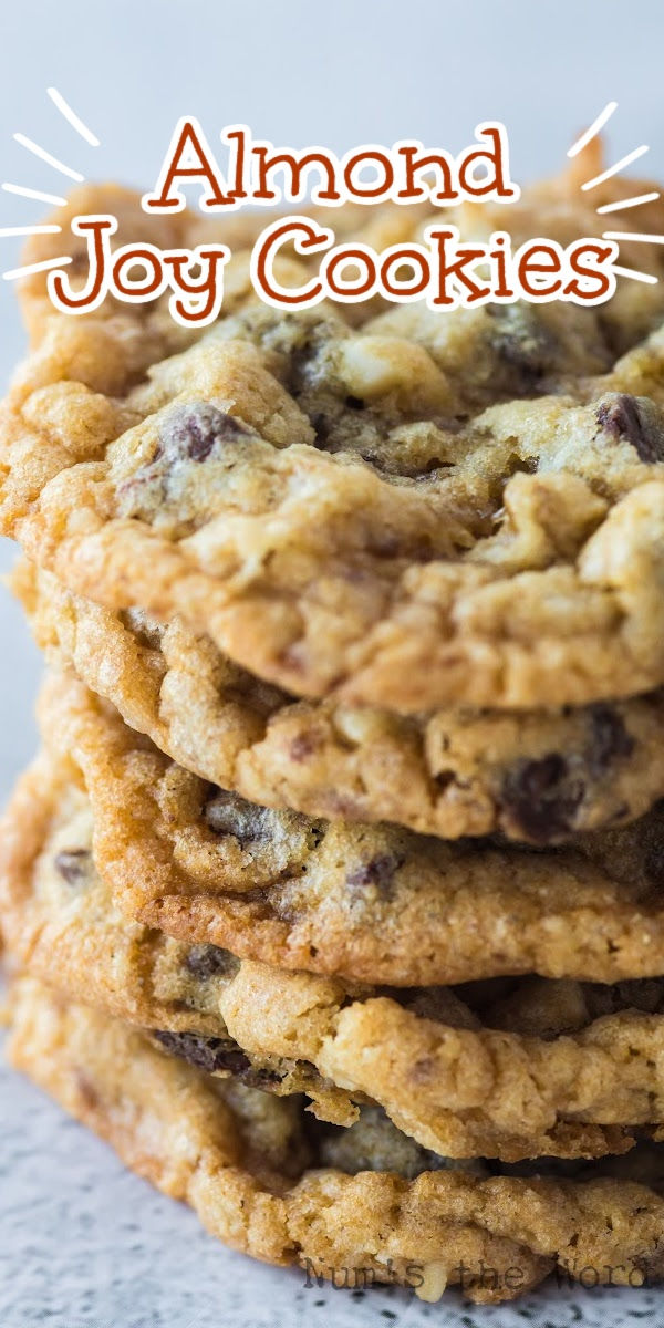 chocolate chip cookies stacked on top of each other with the words almond joy cookies above them