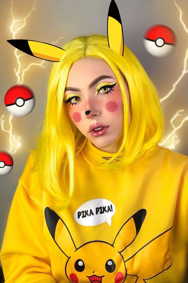 Pikachu Costume Women, Pikachu Makeup, Pikachu Halloween Costume, Pokemon Makeup, Pikachu Halloween, Halloween Usa, Pikachu Costume, Creepy Halloween Makeup, Cute Couple Halloween Costumes