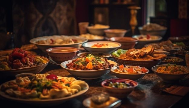 a table topped with lots of bowls filled with food