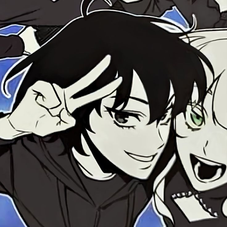 two anime characters one with green eyes and the other with black hair, are smiling