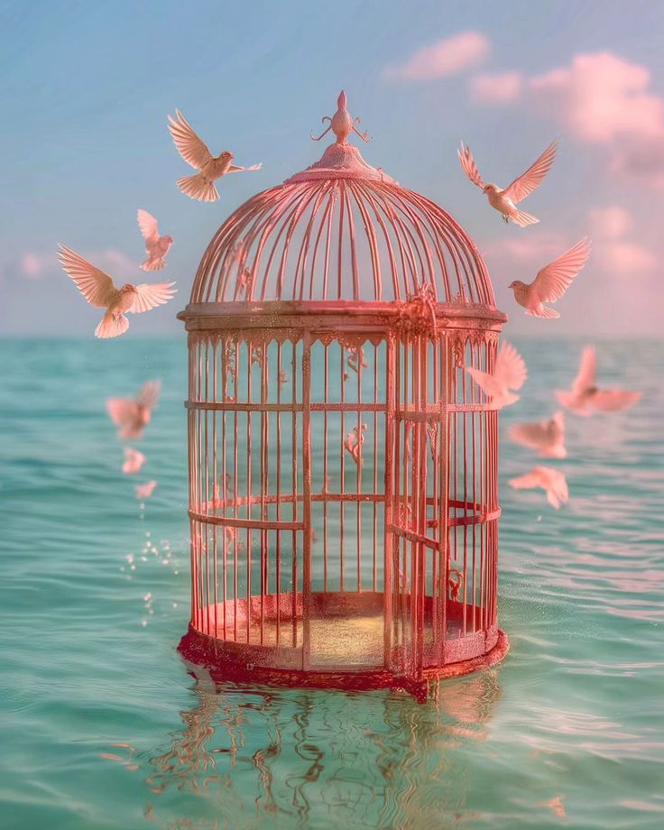 a cage with birds flying out of it in the middle of the ocean, surrounded by water