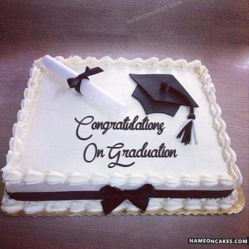 a graduation cake with a mortar and diploma cap on it's frosting that says congratulations any name here