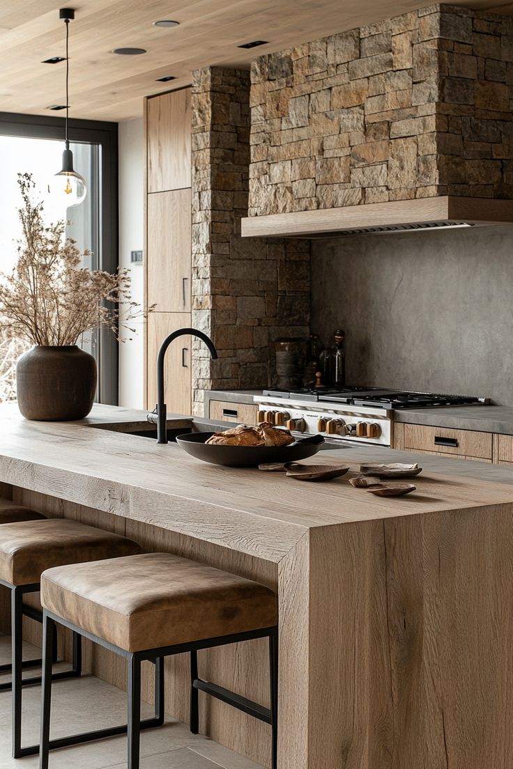 a kitchen with stone walls and wooden cabinets, counter tops and stools in front of the island